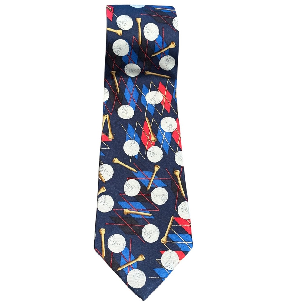 Viaggio Mens Vintage Silk Tie Golf Ball Tee Navy Blue Red Novelty Sport Print